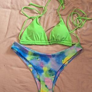 Vibrant Green Bikini Top with Colorful Bottoms